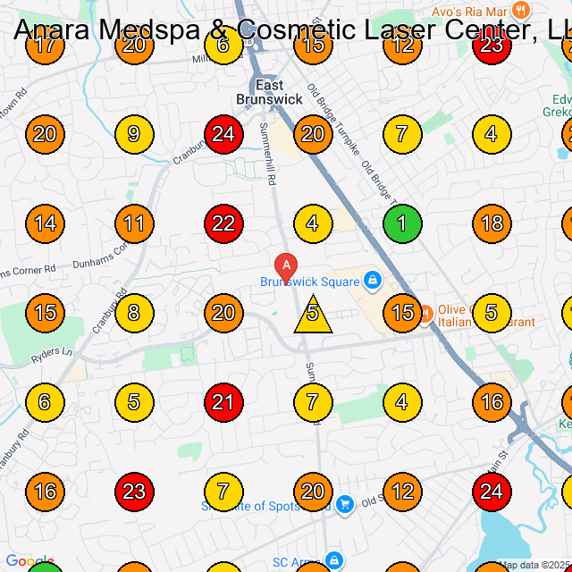 Anara Medspa & Cosmetic Laser Center, LLC Medical Spa GeoGrid ranking map for East Brunswick NJ